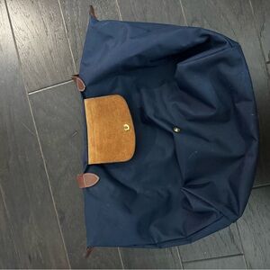 Navy Longchamp Tote Bag with Brown Leather